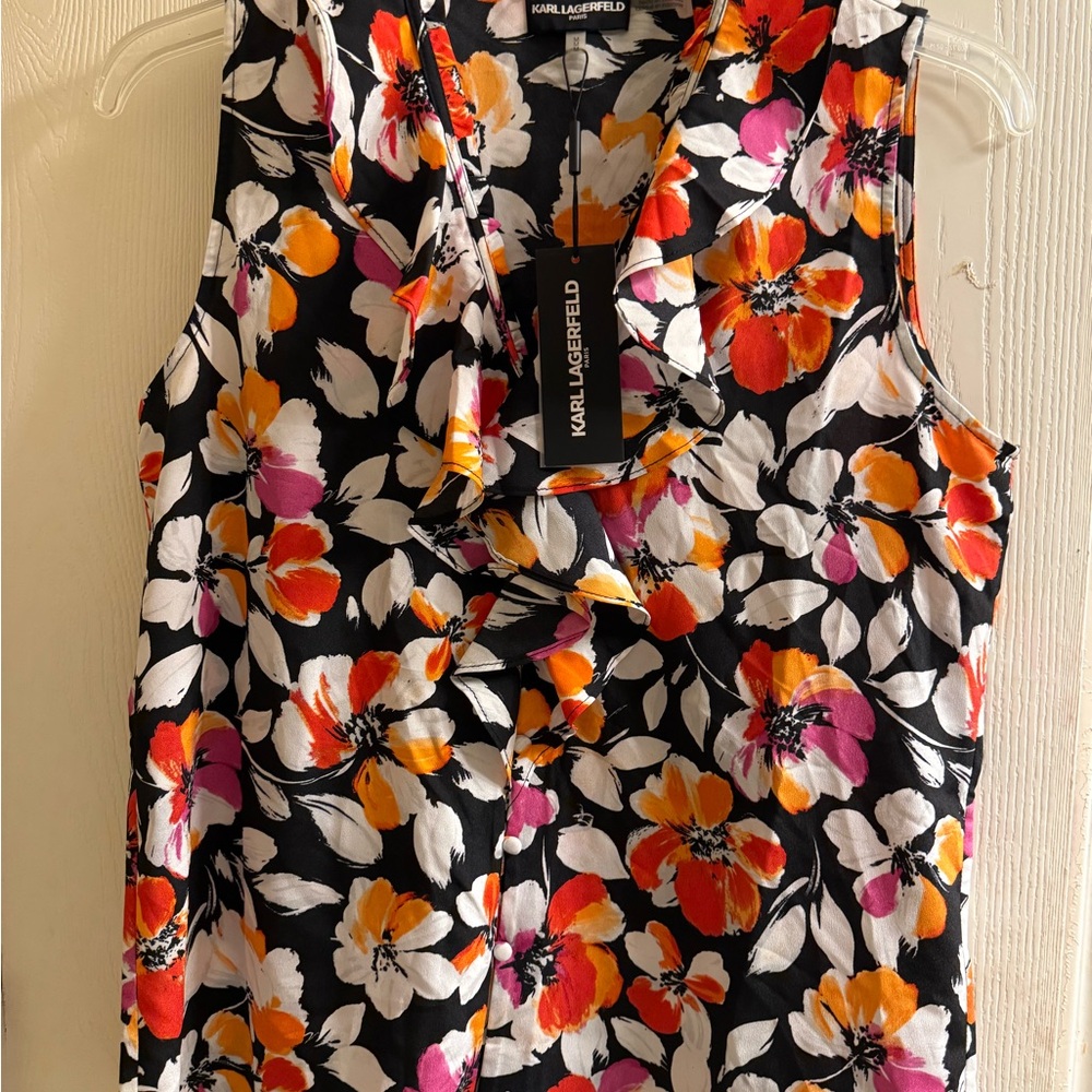 NWT- Karl Lagerfeld Floral Sleeveless Blouse - Black, Orange, Pink size (M)